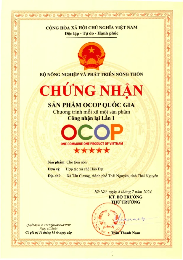 Chứng nhận OCOP 5 Sao Quốc gia - Chè Tôm Nõn Hảo Đạt - Bộ NN&PTNT 2024